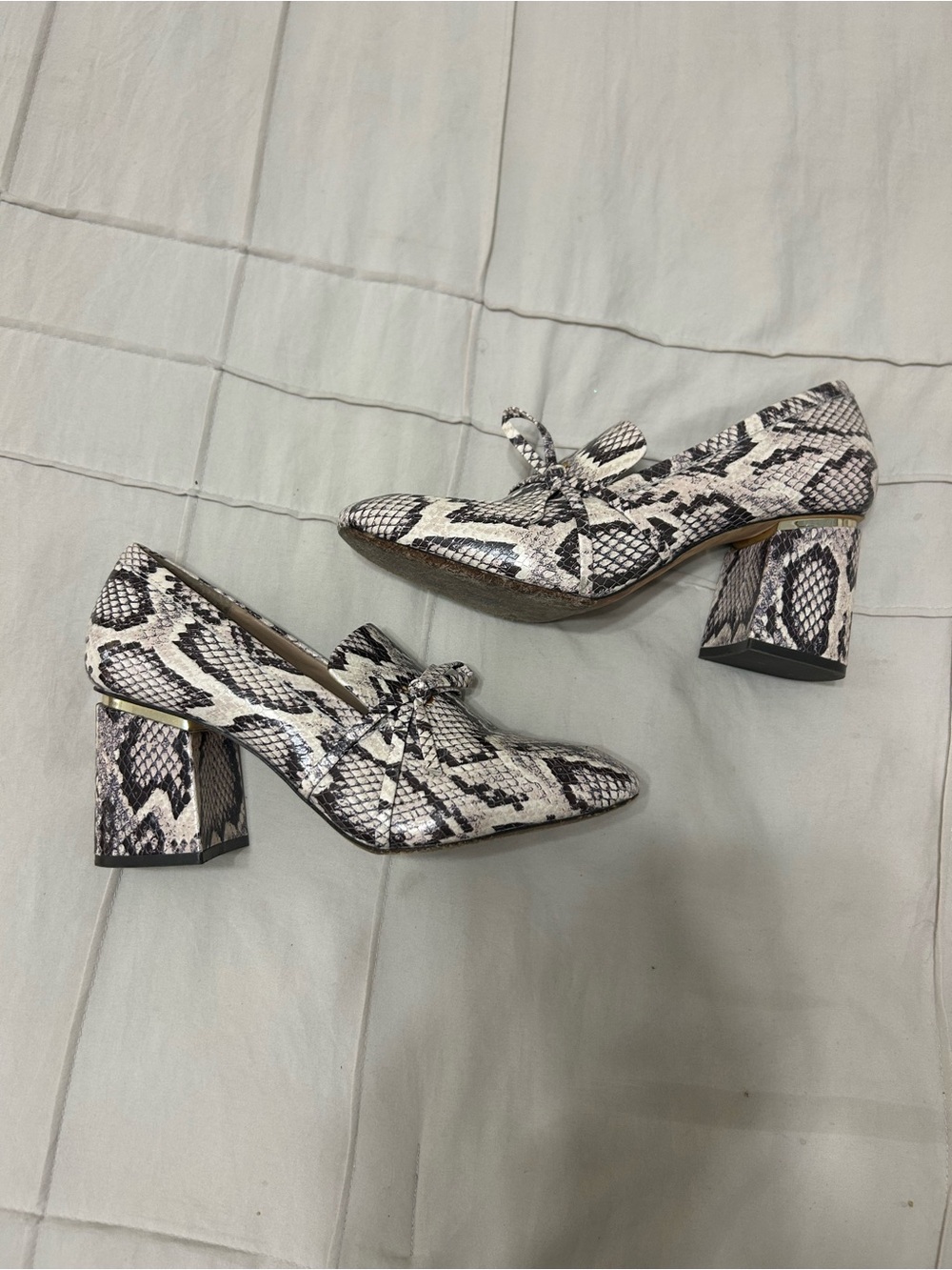 Antonio Melani - Cream and Black Snake-Print Close-Toed Loafer Heels